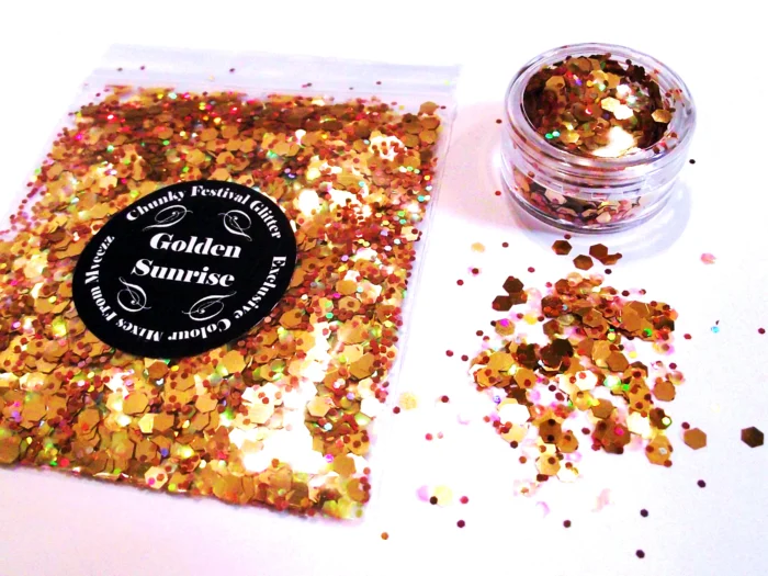 Golden sunrise festival glitter face body makeup - Image 1